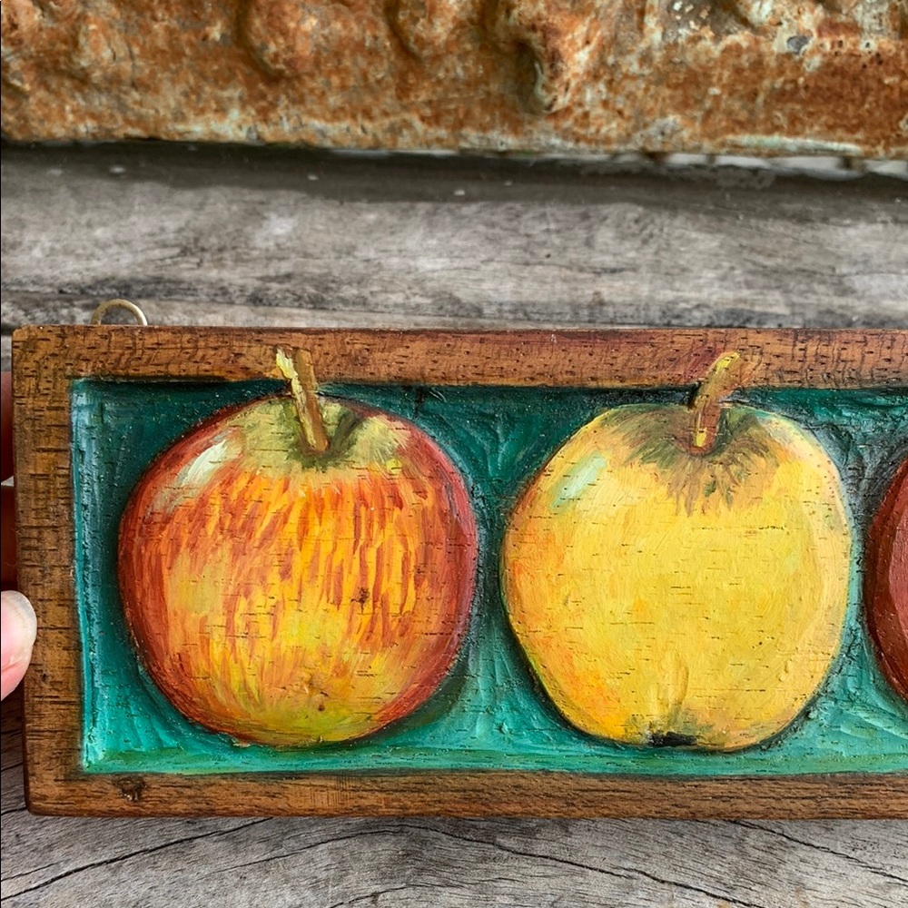 Vintage Carved Wooden Painted Apple Wall Art - Picture 6 of 12